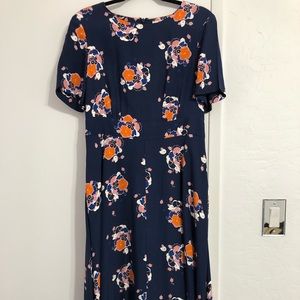 Navy Blue A Line Dress with Floral Print